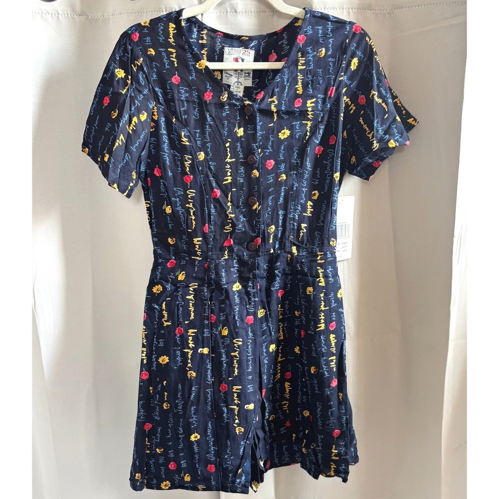 Vtg Studio 25 Womens Hidden Romper Small Script Floral Y2K Pinup Retro 21443